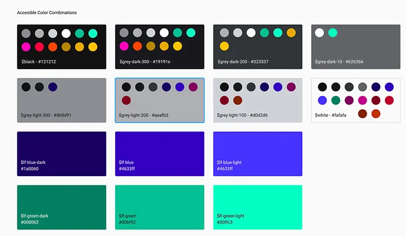 a color palette in Figma with accessible color combinations